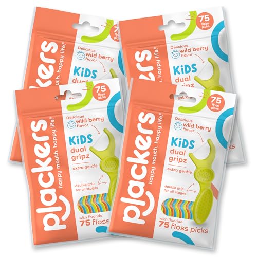 Plackers Kids Dental Floss Picks Pack of 4, Fruit Smoothie Swirl, 75 Count Each, Multicolor
