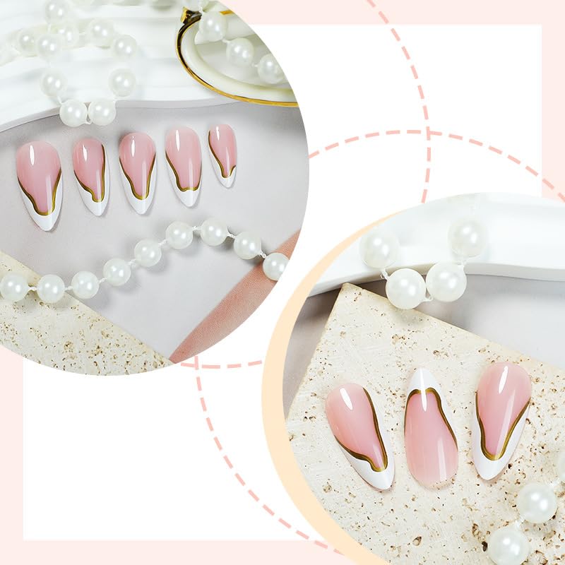 White French Tip Almond Press-On Nails with Gold Wave Designs - 24pcs
