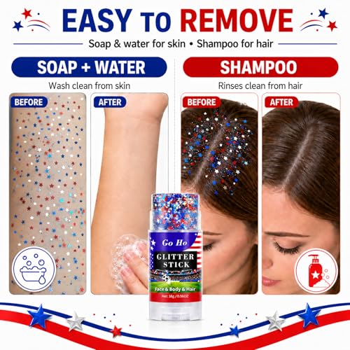Go Ho Red White and Blue Star Face Glitter Stick,Waterproof Body&Hair Glitter,4th of July Accessories,Patriotic USA Flag Sparkle Stick for World Cup Soccer Game Independence Day 250 Anniversary Makeup