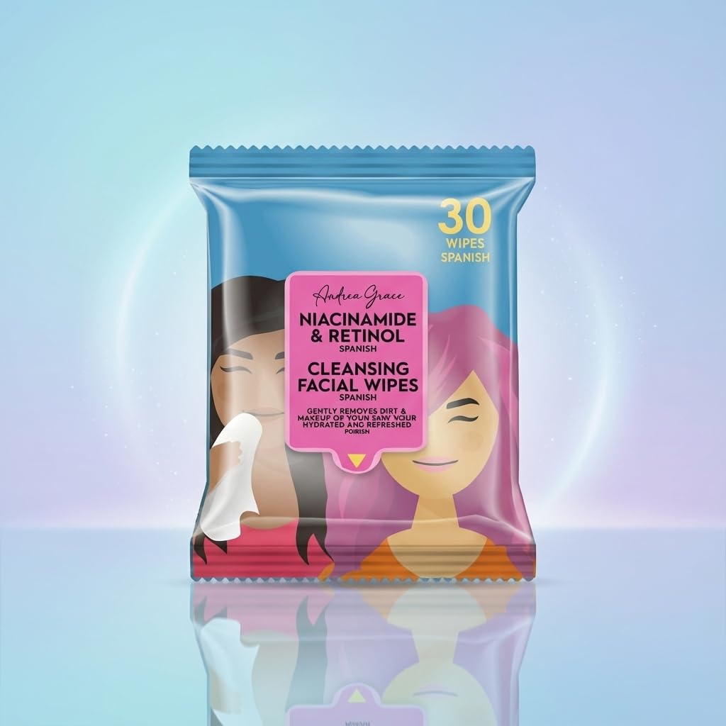 Andrea Grace 4 Pack Face Wipes for Women - Cleansing Makeup Remover Wipes with Collagen & Peptides, Niacinamide & Retinol, Vitamin C & Glycolic Acid, Hyaluronic Acid - 120 Pcs