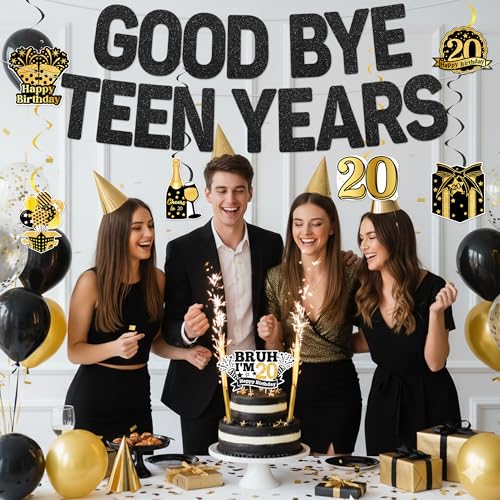 20th Birthday Banner Set - Black Gold Glitter Decorations for Him