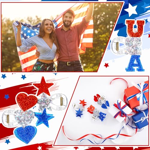 Patriotic Hair Claw Clips Set - 3 Glittery Red White Blue Hair Accessories for Independence Day