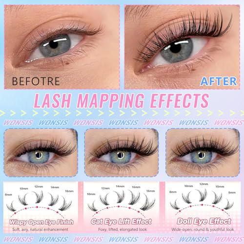 WONSIS Natural Mixed Wispy Lash Clusters for DIY Eyelash Extensions, C Curl, Reusable