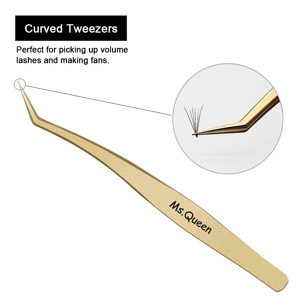 Tweezers for Volume Eyelash Extension - Precision Stainless Steel Curved Pointed Tweezers - Individual and 3D-6D Volume False Lashes Extensions Tweezers with Premium Storage Case- Golden - Ms.Queen