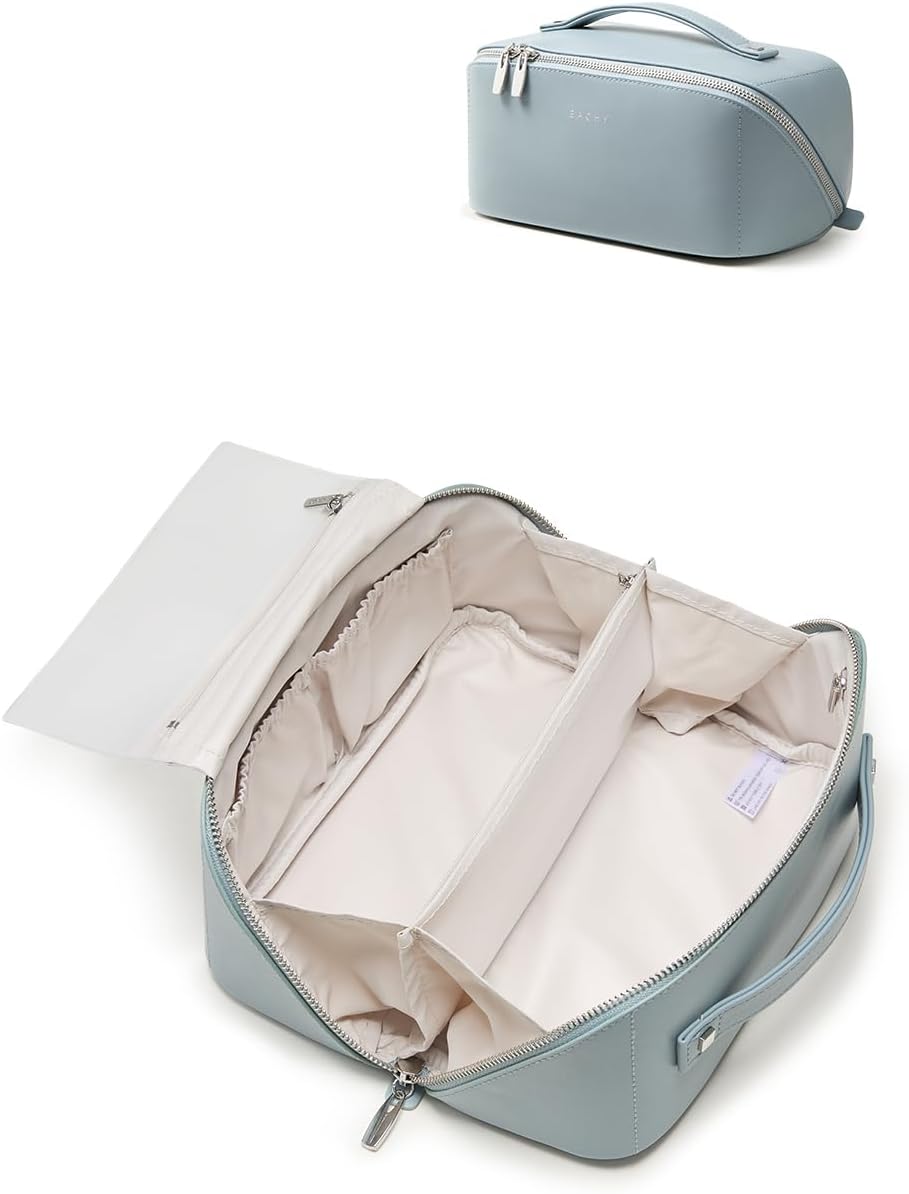 Travel Makeup Bag - Large Capacity Waterproof PU Leather Cosmetic Organizer | Flat Open Design for Skincare & Brushes