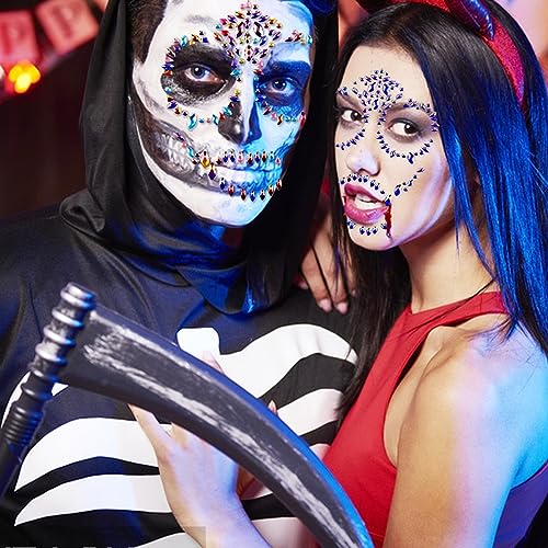 Doneace Style3 Blue Halloween Skeleton Face Gems & Rhinestone Tattoos - Reusable Face Stickers