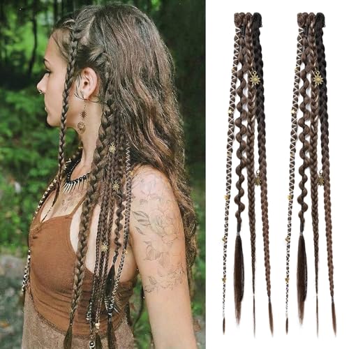 REECHO 16" Boho Clip-In Braid Extensions with Beads & Charms - 2PCS Set