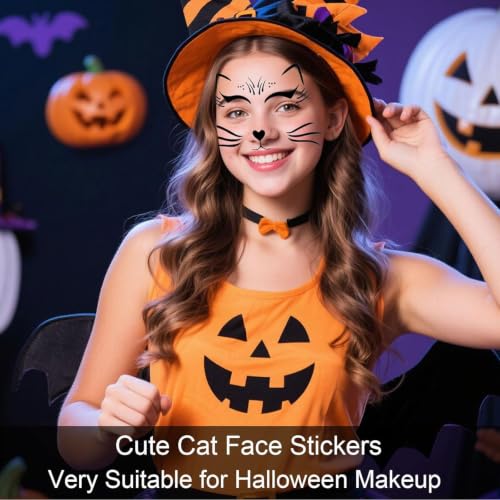 Halloween Cat Face Sticker Set with Glitter Black Cat Whiskers & Features