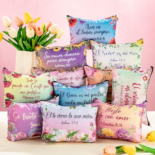Kacctyen 12 Pcs Spanish Christian Cosmetic Bags - Bible Verse Makeup Pouches