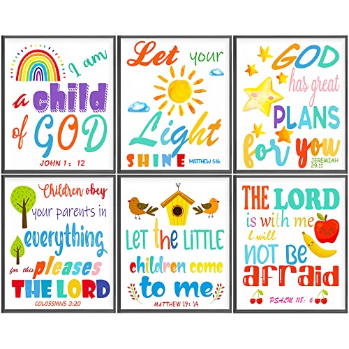 Set of 6 Inspirational Kids Canvas Posters - Rainbow Bible Verse Wall Art 8x10