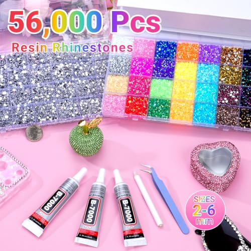 56,000 Pcs Resin Flatback Rhinestone Bedazzling Kit with B7000 Glue