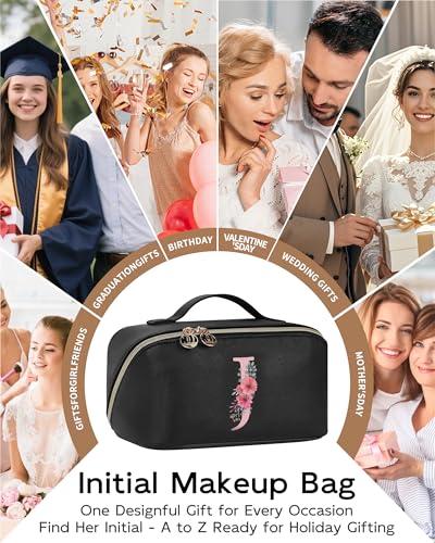 Personalized Black Makeup Bag with Initial 'J' - Travel Cosmetic Organizer