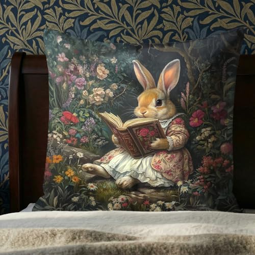 Vintage Floral Rabbit Throw Pillow Cover - 18x18 Inch Flannel Cushion Case