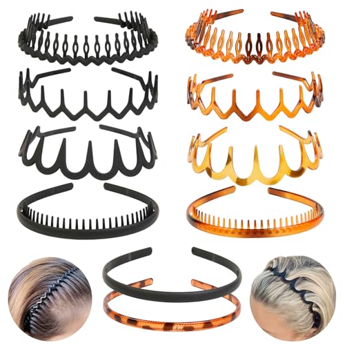 10 Pack Black & Brown Plastic Hair Bands with Teeth - Non Slip Zig Zag & Thin Styles for Women & Teens