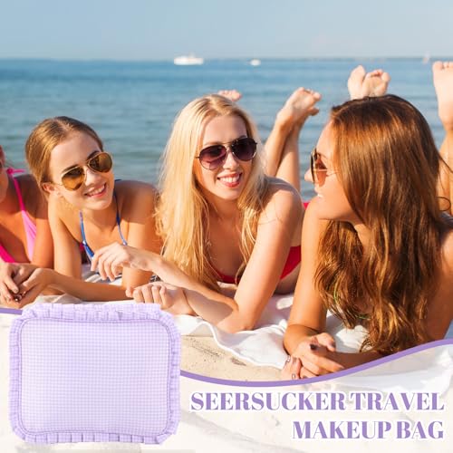 Purple Gingham Ruffle Makeup Bag - Large Travel Cosmetic Pouch