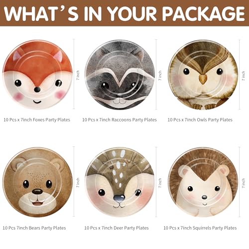 Woodland Creatures Party Plates - 60 PCS Disposable 7" Plates