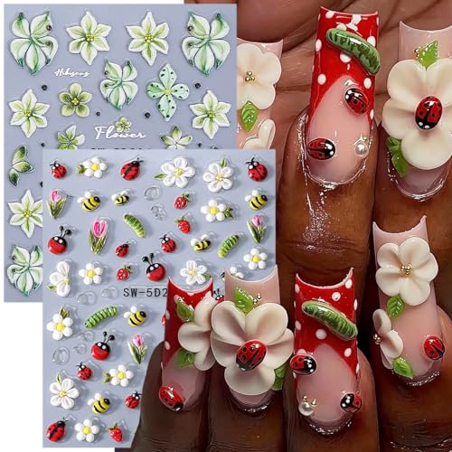 Spring Nail Art Stickers - 2 Sheets of 5D Ladybugs & Flowers