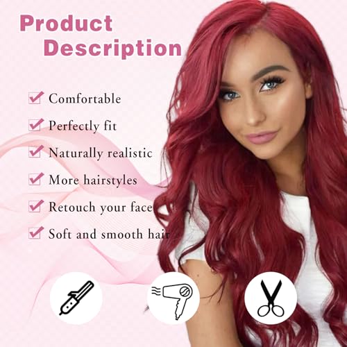 MYQUEEN 26-Inch Red Wavy Lace Front Wig for Women - Glueless Long Curly Synthetic Hair