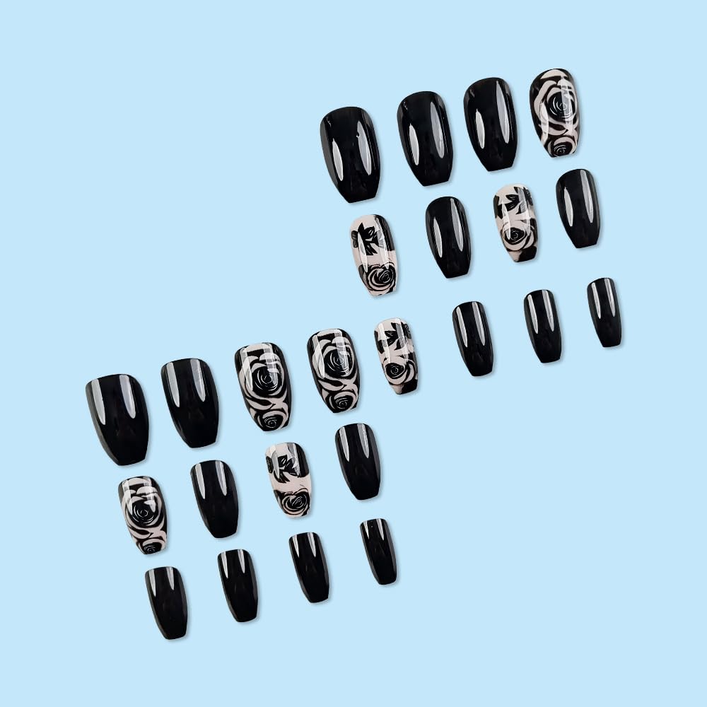 Coffin Shaped Press On Nails - Black Rose Gradient Design | Glossy Acrylic, 24 Pcs