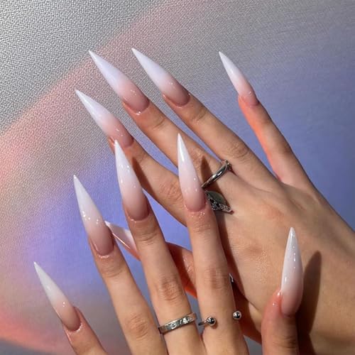 SINHOT Long Stiletto Press On Nails with Design - 24 pcs, White Gradient, Nude, Glossy Glue-On Fake Nails, Model 72FN0001
