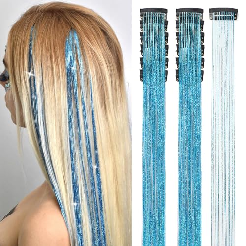 Clip-in Hair Tinsel Kit - 12 Pcs 20.5 Inch Sky Blue Extensions