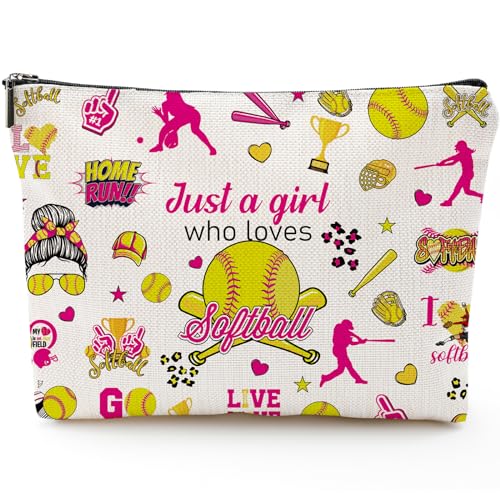 Sitsink Softball Makeup Bag - Girl Who Loves Softball Sports Gift, Waterproof Canvas Zipper Pouch