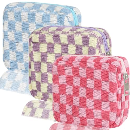 KOTORA 3pcs Checkered Mini Makeup Bag Set - Blue, Pink, Purple