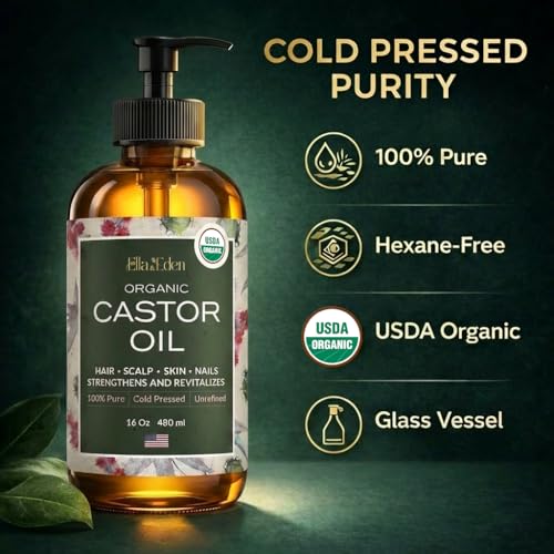 Ella & Eden USDA Organic Castor Oil ? 100% Pure Cold Pressed Hexane-Free - Glass Bottle - For Hair Growth, Face, Eyelash, Skin, Stomach - Unrefined 16 Fl Oz