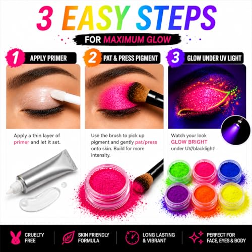UV Neon Pro Kit – 6 Color UV Reactive Pigment Powder Set with Primer & Brush