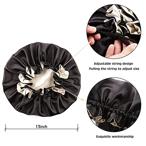 Large Satin Bonnet for Women - Adjustable Double Layer Night Cap (Black/Champagne)