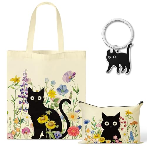 Black Cat Canvas Bag Set for Women - 3 Pcs Tote & Makeup Pouch