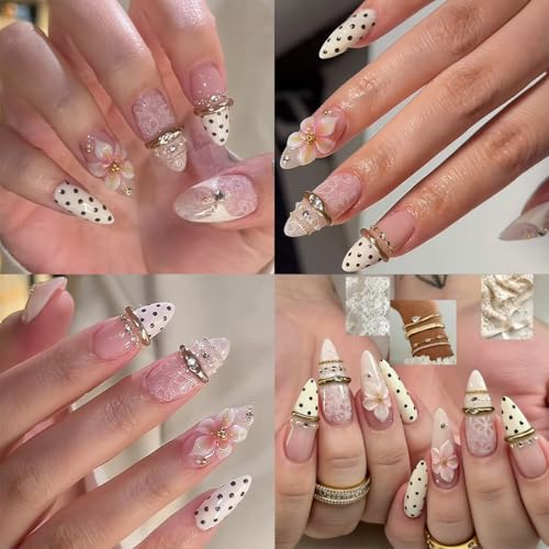 24Pcs Pink Flower Press-On Nails with 3D Gems & French Tips