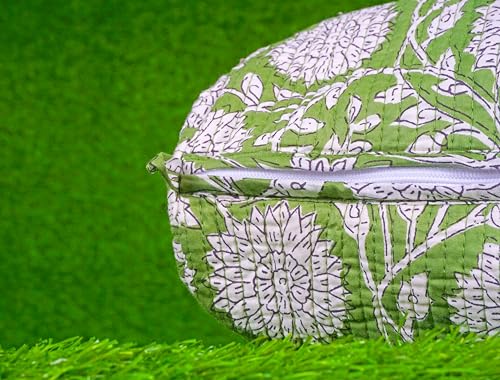 Light Green Floral Quilted Cotton Toiletry Bag for Women