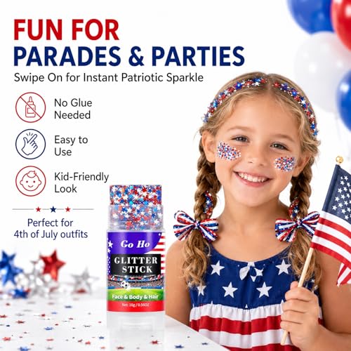 Go Ho Red White and Blue Star Face Glitter Stick,Waterproof Body&Hair Glitter,4th of July Accessories,Patriotic USA Flag Sparkle Stick for World Cup Soccer Game Independence Day 250 Anniversary Makeup
