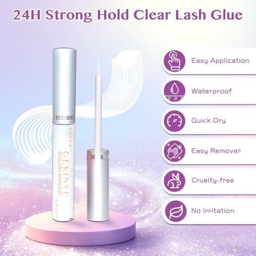 Gekinye Clear Lash Glue 24Hr Hold - Quick Drying, Latex-Free, 1 Pack (Clear) for Strip & Cluster Lashes