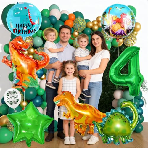 Dinosaur 4th Birthday Party Decorations - Green Foil Balloons & Banner