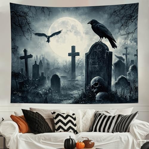 Gothic Halloween Tapestry Wall Hanging | Scary Crow & Graveyard Decor, 60x40 In