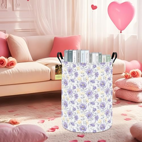 Collapsible Round Storage Basket with Handles - Purple Flower