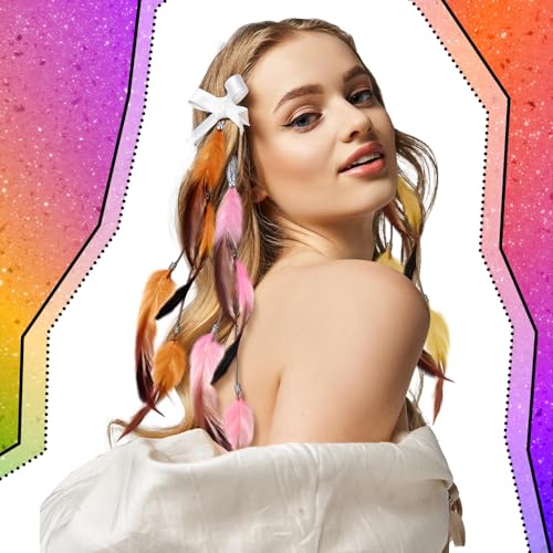 Geyoga 12 Pcs Colorful Clip-In Hair Feathers with Beads