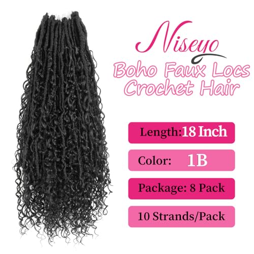 Niseyo Goddess Locs Crochet Hair 18in 1B (Pack of 8) pre-looped, faux locs with curly ends