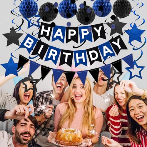 Black & Blue Birthday Decorations Kit - Happy Birthday Banner & Honeycomb Balls