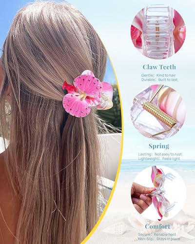 Hawaiian Flower Hair Claw Clips 4-Pack with Pink, Light Pink, Purple & Dark Purple Artificial Orchids