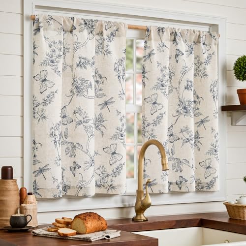 Floral Linen Blend Cafe Curtains 36 Inch - 2 Panels Blue