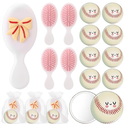 Wonderjune 12 Set Mini Hair Brush & Compact Mirror - Bowtie Baseball