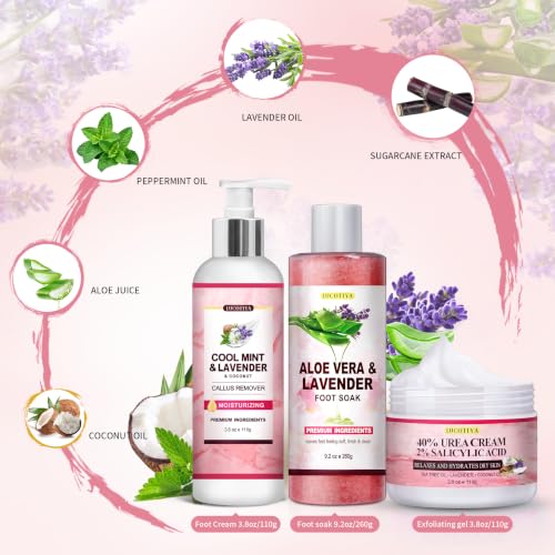 Aloe Lavender Foot Soak Set with Foot File & Urea Cream for Callus & Crack Care