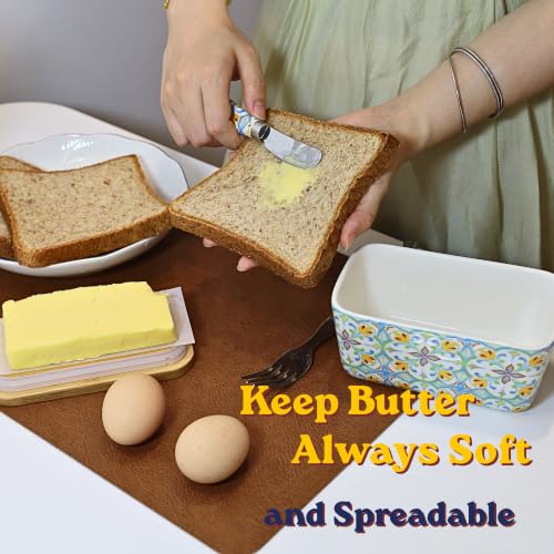 Boho Ceramic Butter Dish with Lid & Knife - 16oz Capacity