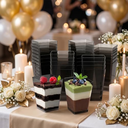 25 Pcs 5 oz Black Plastic Dessert Cups - Disposable Parfait Bowls