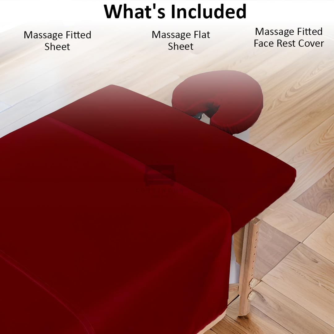 Cottingon 3 Piece Massage Table Sheet Set - 100% Brushed Microfiber, Wrinkle-Free | Fits 36" x 77" Massage Beds, Burgundy