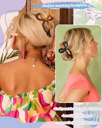 CHLINS 4 Pack Jumbo Bow Hair Claw Clips for Thick Hair, Tortoise+Camel+Black+Coffee
