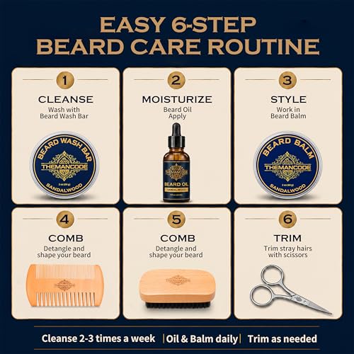 THEMANCODE Beard Grooming Kit for Men, Fathers Day Gift for Dad and Husband, Sandalwood Beard Care Kit with Oil, Balm, Wash Bar, Brush, Comb and Scissors
